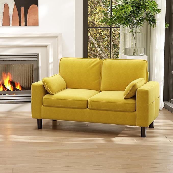 MOTION Loveseat Modern Sofa - Mid Century Couch with Soft Armrest Pillows for Living Room Comfy Office Furniture with Deep Seats Mustard Yellow