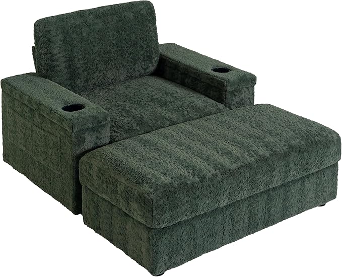 42 Oversized Chaise Lounge Chair Indoor Faux Rabbit Fur Upholstered Sleeper Sofa with Storage Ottoman and Armrests Cup Holders Single Reclining Chair Reading Couch for Living Room (Green/19)