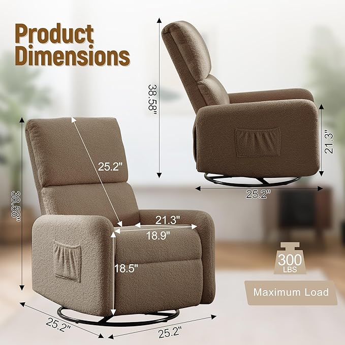 360° Rocking Chair Nursery Rocker Chair with Side Pockets Glider Nursing Chair with Steel Structure Base Small Chair for Small Spaces Sherpa Swivel Accent Chairs for Living Room Nursing