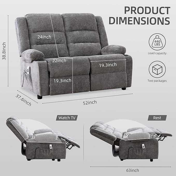 52Inch Power Loveseat ReclinerElectric Reclining Loveseat SofaAdjustable Love seat Recliner Sofa for Living RoomBedroom with Charging Ports(Grey one seat+loveseat)