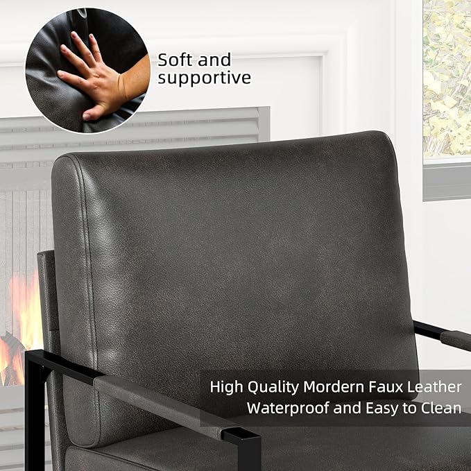 Mid Century Modern Faux Leather Accent Chair Set of 2 Metal Framed Armchair with Extra Soft Removable Seat Cushion &amp Backrest for Living Room Bedroom Waiting Room Easy to Clean (2 Dark Grey)