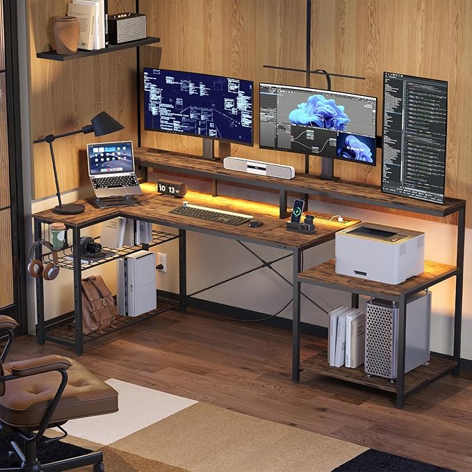 Bestier 71.5 inch Computer Desk with Power Outlets L Shaped LED Home Office Desk with Long Monitor Stand Large Corner Desk with Storage Shelf Cup Holder &amp Headset Hooks Modern Simple Table
