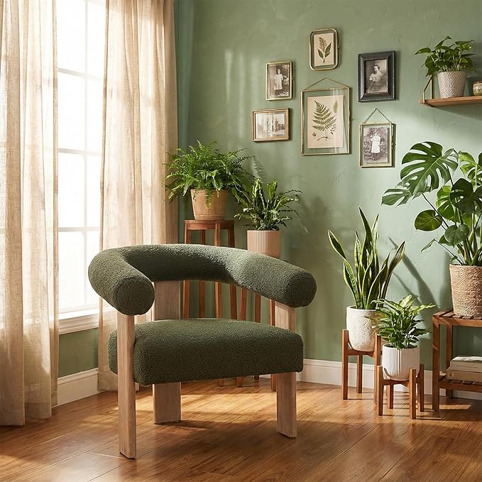 VKNOW Accent Chair Living Room Chairs Set of 2 Modern Upholstered Arm Chair with Solid Wood Legs Comfy Barrel Accent Chairs for Living Room Bedroom Green