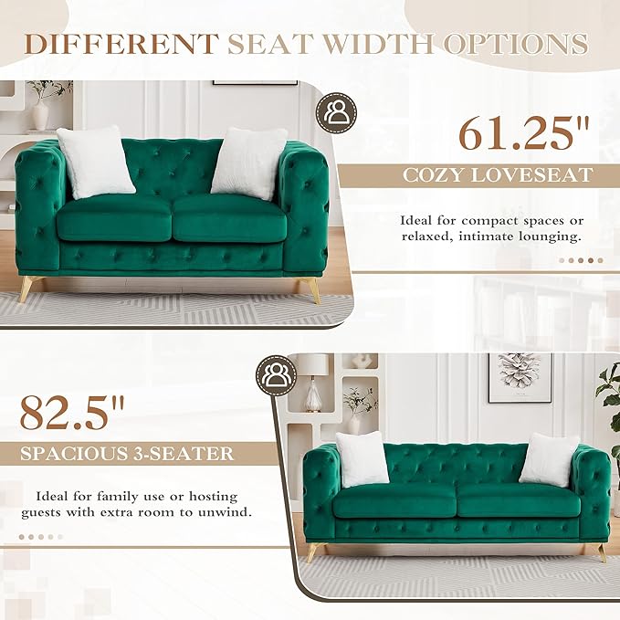 2 Piece Velvet Chesterfield Sofa Set Mid-Century Modern Love Seat Button Tufted Couch with Curved Arms Gold Metal Legs Deep Seat Comfortable Living Room Set Furniture (Green Couch and Loveseat)