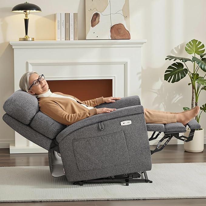 MCombo Power Lift Recliner Chair with Massage and Dual Heating Adjustable Headrest Extended Footrest for Elderly People Fabric R7605 (Dark Grey)