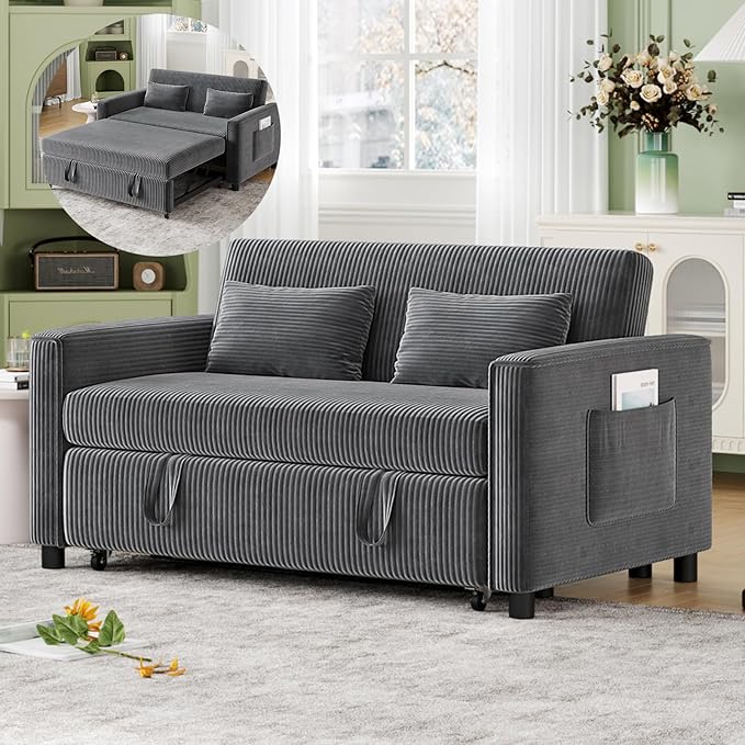 55.51 Sleeper Sofa BedPull Out Couch with Side Pockets3 in 1 Corduroy Fabric Loveseat Sleeper SofaPull Out Sofa Bed with Adjustable Backrest for Living Room Bedroom Apartment（Gray）