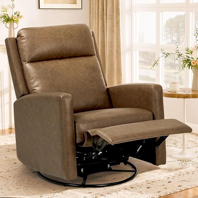 COLAMY Leather Recliner Chair for Adults Swivel Rocker Recliner for Small Spaces Wide Glider Rocking Nursery Chair with Ergonomic High Backrest for Home Living Room Office Bedroom（ Brown）