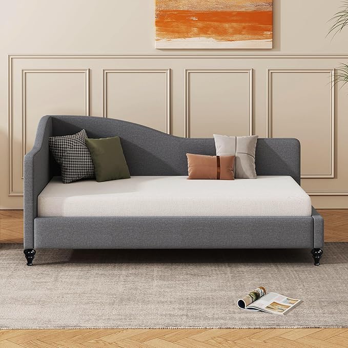 Merax Twin Size Bed Frame Daybed L-Shaped Linen Corner Sofa with Solid Wood Legs for Living Room &amp Guest Room No Box Spring Needed Grey