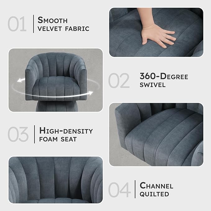 Lexicon Modern Swivel Accent Chair Velvet Fabric Upholstered Swivel Lounge Chair with Rounded Base and Channel Stitching for Living Room/Bedroom/Office Easy Assembly Dark Gray