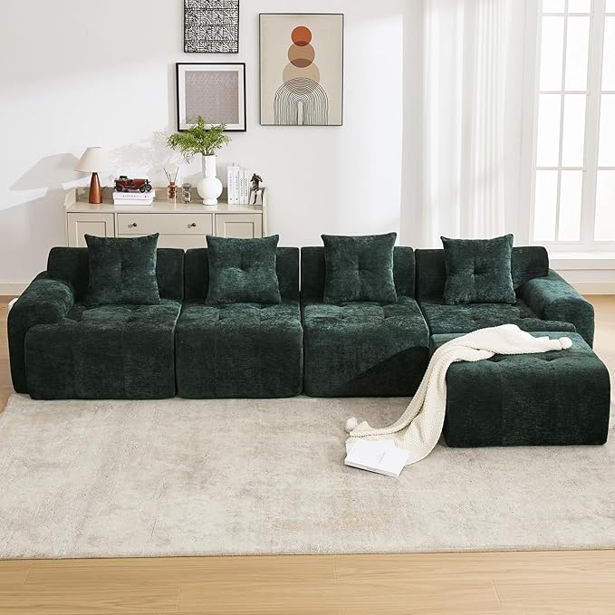 129.23”Modular Sectional Couch for Living Room Modren L-Shape Cloud Sectional 4-Seater Sofa with Movable Ottoman Woven Texture Upholstery Boneless Couch No Assembly Green
