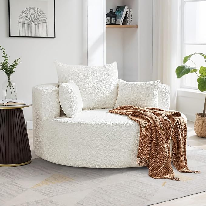 360° Swivel Barrel Chair - Oversized Round Sofa Chair and A Half with Removable Pillows Comfy Modern Upholstered Chenille Deep Seat Circle Chaise Lounge for Living Room Bedroom Office Hotel (White)