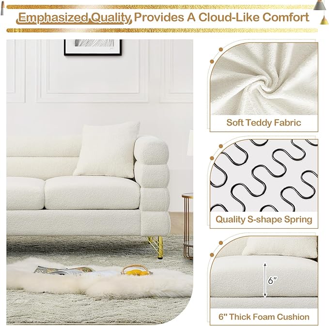 Comfy Boucle L Shaped Sofa 81.5 Oversized Sectional Couch with Deep Seated Design Upholstered Corner Sofa Couch with 3 Pillows Modern Couches for Living Room Apartment Waiting Room White Teddy