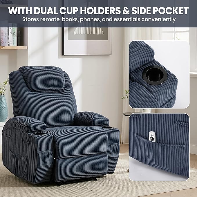 Recliner Chair Modern Ergonomic Lounge Single Sofa with Massage and Heating135°Recliner Chairs Seat Living Room Recliners Foam Filling 2 Cup Holders &amp Side PocketBlue