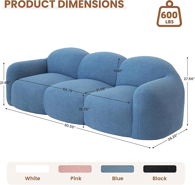 90.55 Inches 3-Seater Sofa Couch Modern Teddy Plush Boneless Sofa in a Box Soft Couches for Living Room Apartment No Assembly for Small Spaces Blue