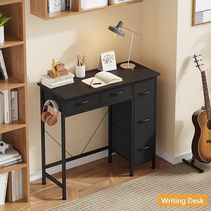 Small Desk with 5 Fabric Drawers 33 Inch Writing Desk for Home Office Simple PC Desks for Small Place Kids Girls Teen Study Table Vanity for Bedroom Dorm Black 14 D