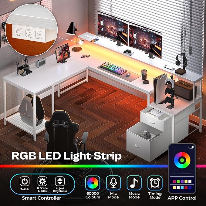 PRAISUN 66 L Shaped Gaming Desk with LED Lights &amp Power Outlets Computer Desk with Fabric Drawers and Print Stand Corner Office Desk Monitor Stand Mesh CPU Stand White