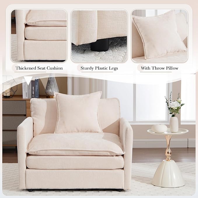 SLEERWAY Oversized Chair with Ottoman Set Modern Comfy Chenille Living Room Large Single Cloud Couch Accent Lounge Chair Indoor and A Half for Bedroom Office Apartment Beige