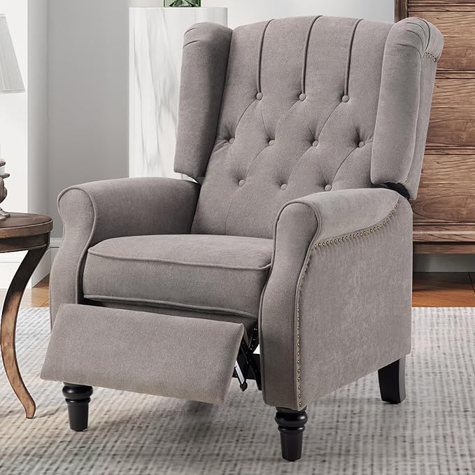 Bonzy Home Push Back Recliner Chair Mid Century Modern Wingback Chair Comfy Armchair Fabric Living Room Chairs with Rivet Decoration Button-Tufted Back Solid Wood Legs Gray