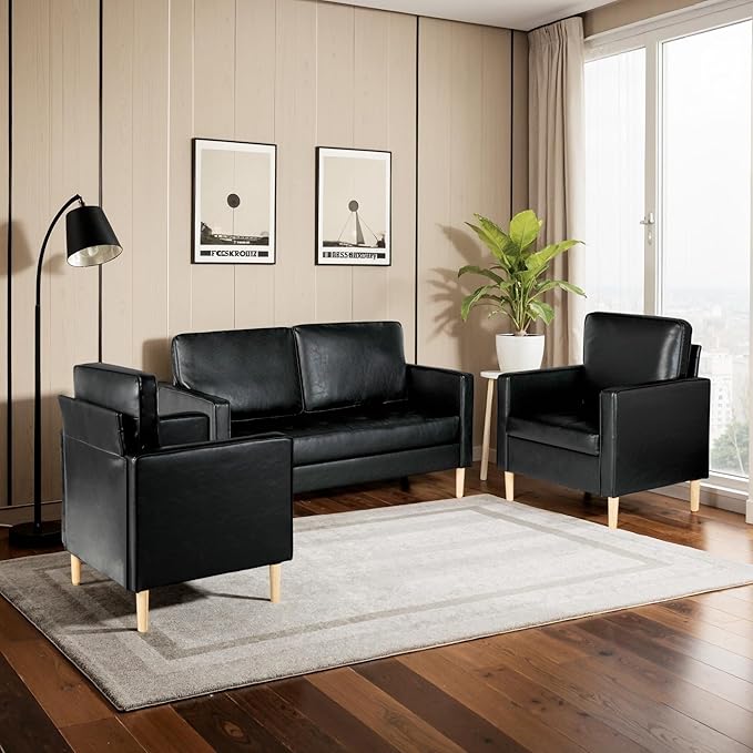 AILEEKISS Mid-Century Sectional Sofa Couch Set Faux Leather Office 3 Pcs Couch Set with Armrest Modern Upholstered Loveseat Couches for Livingroom (1-Seater+1-Seater+2-Seater Black)
