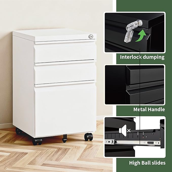3 Drawer File Cabinet with LockRolling Mobile File Cabinet with Wheels for Home OfficeUnder Desk Metal Filing CabinetOffice Storage OrganizerFully AssembledWhite