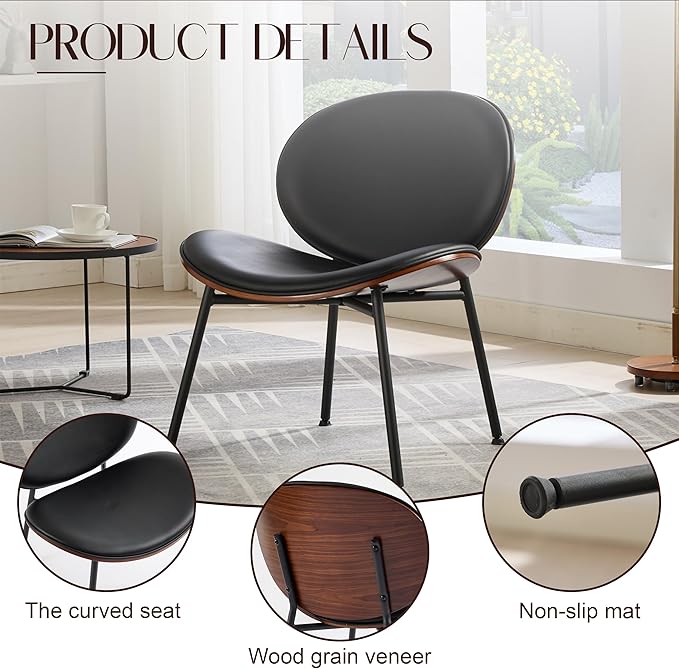 Mid-Century Modern Accent Chair Black PU Leather Lounge Chair with Walnut Wood Finish Curved Back Side Chair for Living Room Bedroom Reading Nook Office (Black + PU Set of 2)