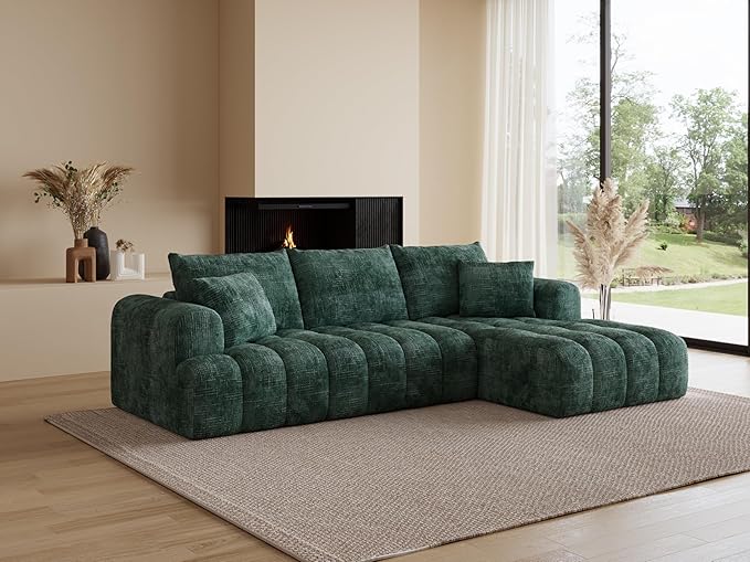108 Cloud Sectional Couches for Living Room Boneless L-Shaped Sofa with Pillow 3 Seater Modular Sectional Sofa (Dark Green)