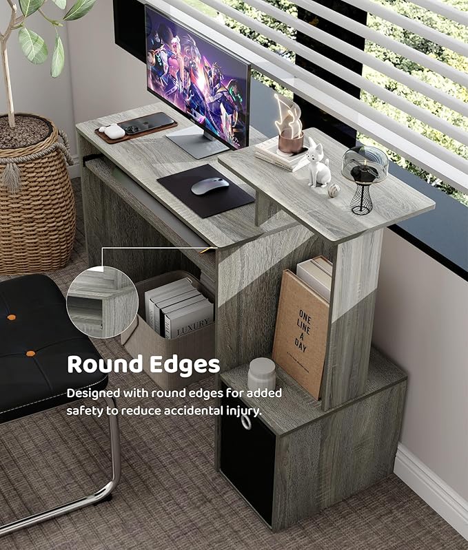 Computer Desk with Drawers Study Table with Storage Shelves Keyboard Tray for Home Office Bedroom Living Room Oak Grey/Black