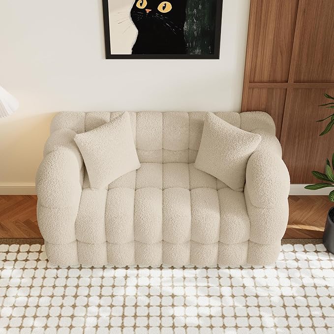 Boucle Sofa Couch 55 Comfy Upholstered Sherpa Loveseat Tufted Cozy 2-Seater Deep Seat Cloud Couch Modern Small Love Seat with 2 Pillows for Living Room Apartment Bedroom Light Brown