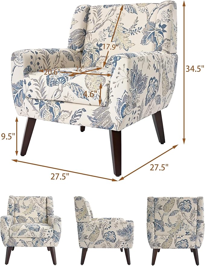 Accent Chair Modern Linen Blend Arm Chair for Living Room Bedroom Comfy High-Resilient Sponge Reading Chair for Small Spaces (Pattern Leaf Set of 1)