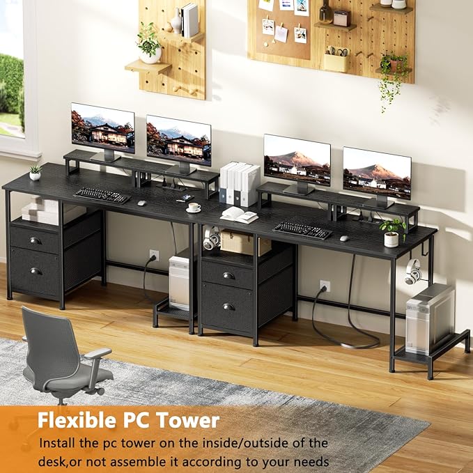 Furologee 47 Computer Desk with File Cabinet and Power Outlets Home Office Desk with 2 Monitor Stands and Storage Drawer Gaming Table with Shelves and 2 Hooks for Bedroom Black