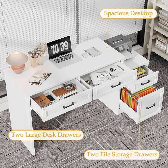 Vabches 61 Farmhouse Computer Desk with Storage and File Drawer Executive Desks with Printer Stand Rustic Large Home Writing Desk for Home Office.White