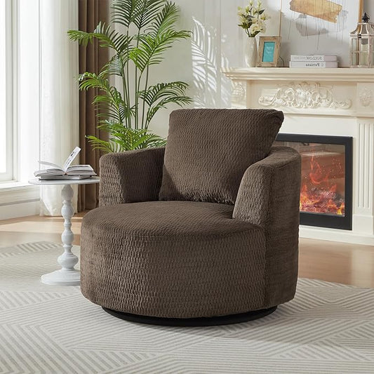 35W Brown Chenille Swivel Accent Barrel Chair Comfy Round Accent Sofa Chair 360 Rotation Degree Club Chair Leisure Arm Chair for Nursery Bedroom Living Room Hotel Office (35 Dark Brown)