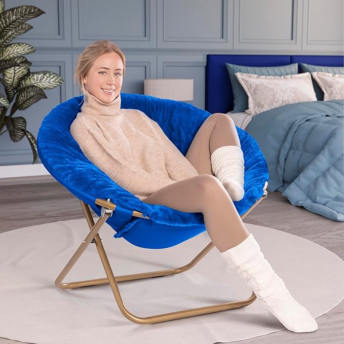 Milliard Saucer Chair for Adults Teens &amp Kids Royal Blue Faux Fur XL Circle Chair for Bedroom Dorm &amp Gaming Foldable Comfy Accent Seat for Small Spaces Folding Moon/Mushroom/Round Style