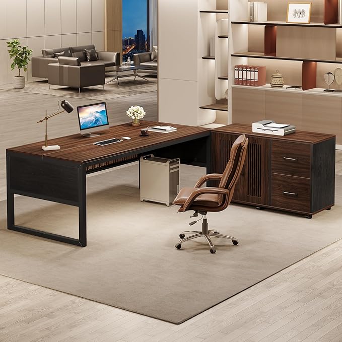 Tribesigns 63-Inch Executive Desk Large Office Desk with Mobile File Cabinet Modern L-Shaped Computer Desk Business Furniture with Door Storage Cabinet for Home Office Dark Walnut &amp Black