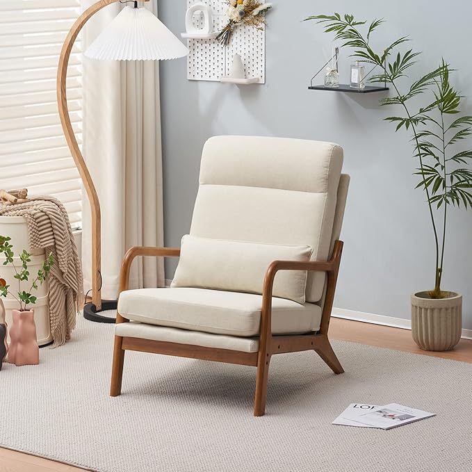 Accent Chair Mid-Century Modern Chair with Pillow High Back Upholstered Lounge Arm Chair with Solid Wood Frame &amp Soft Cushion for Living Room Bedroom Belcony White