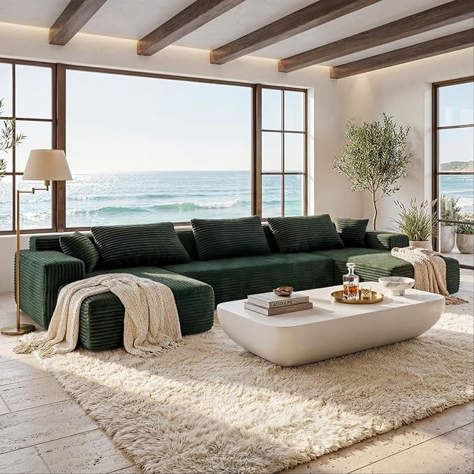 FUFU&ampGAGA 134” U Shaped Sectional Couch for Living Room Corduroy Cloud Sofa with Pillows Modern Boneless Sofa Couch with Chaise No Assembly Required Green 134”W x 61.8”D x 25.6”H