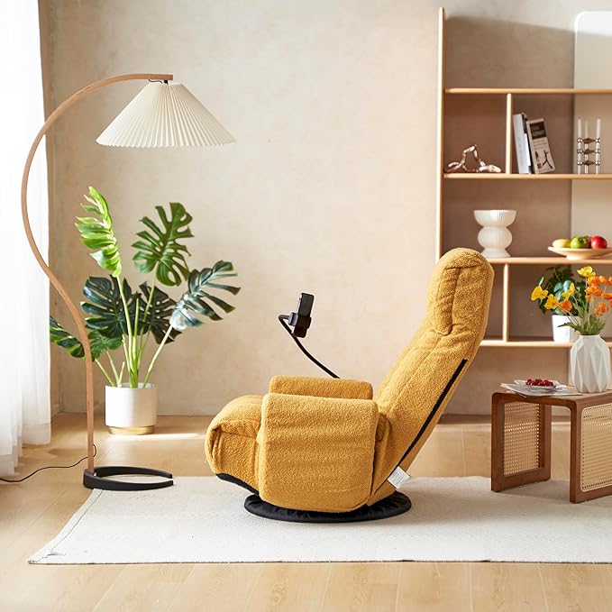 Gwen Upholstered 360° Swivel Chair Lounge Chair with Adjustable Backrest/Headrest Metal Frame Living Room Lounge Sofa and Phone Holder Comfy Bean Bag Chair Yellow