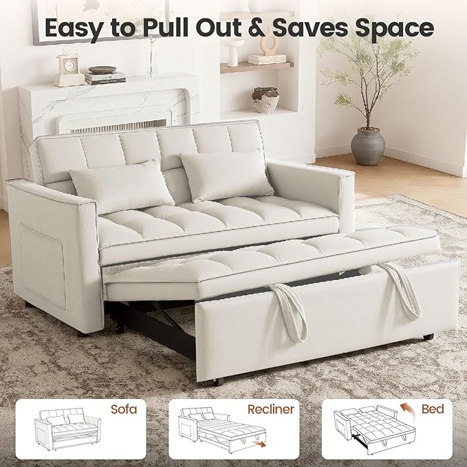 Convertible Sofa Bed Pull Out Couch with Side Pockets 3 in 1 Velvet Fabric Loveseat Sleeper Sofa Bed Pull Out Couch with Adjustable Backrest for Living Room Bedroom Apartment White