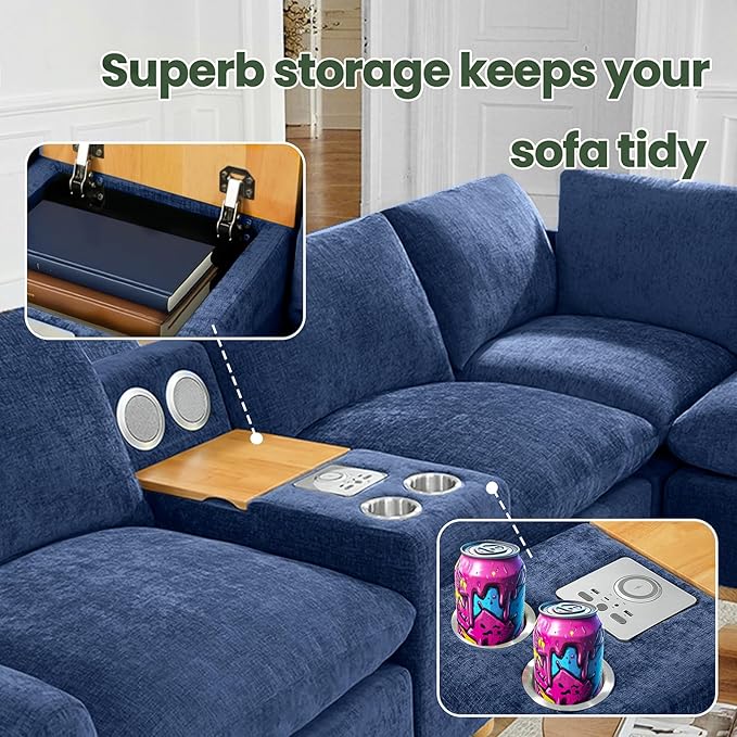 Brelice Modular Sofa Console with Wireless Charging &amp Bluetooth Speaker - All-in-One Armrest Organizer with Wired Charging Storage Tray Volume Control for Sectional Couch Living Room
