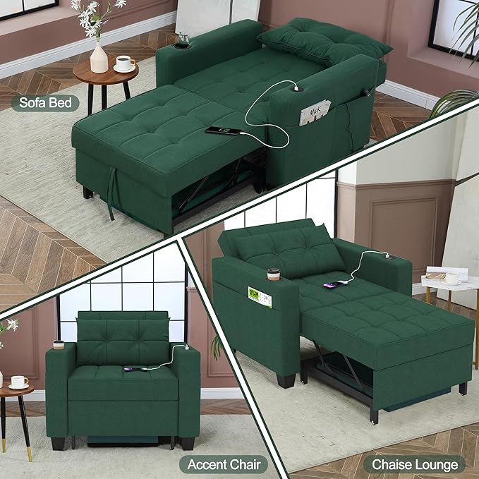 DURASPACE 36.6 Inch Sleeper Chair 3-in-1 Convertible Chair Bed Pull Out Sleeper Chair Beds Adjustable Single Armchair Sofa Bed with USB Ports Side Pocket Cup Holder (Forest Green Linen)