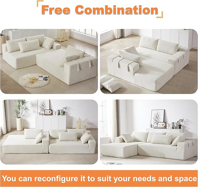 108 Modular Sofa Couch Convertible Sectional Sofa for Living Room Bedroom Modern Chenille Upholstered Sectional Sofa Couch Set L-Shaped Couches with 6 Pillows for Home Office Beige(Right Chaise)