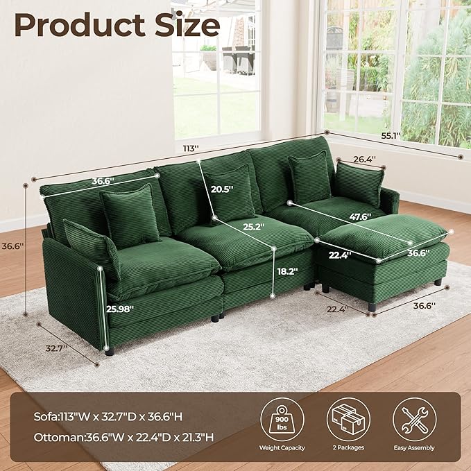 113'' L Shaped Cloud Couch 4-Seater Modular Sectional Sofa with Double Layer Upholstered Seat Cushion Corduroy Deep Seat Couches with Ottoman &amp Pillows for Living Room &amp Apartment Green