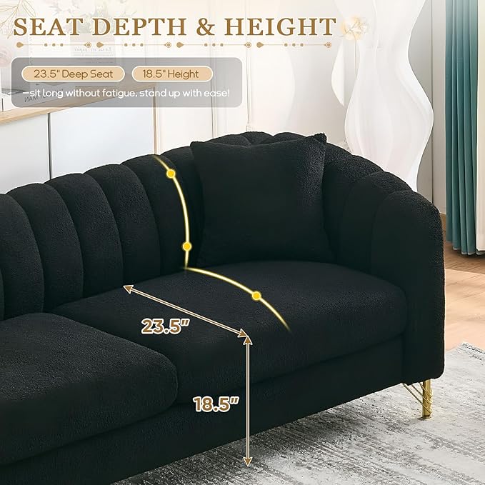 Black Cloud Couch for Living Room 63.5 Modern Comfy Overstuffed Deep Seat Tufted Sofa with Gold Legs &amp Pillows Plush Teddy Boucle Upholstered Curved Loveseat Settee with Round Arm (Black 2 Sea