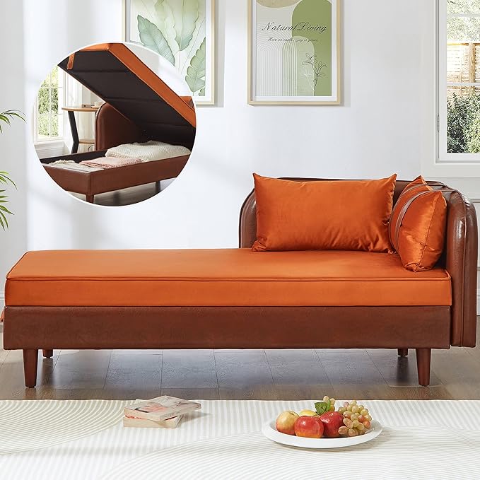 KEIKI PU Leather Chaise Lounge Chair Indoor Modern Leisure Sleeper Sofa Chair with Storage Accent Velvet Reading Couch Side Armchair Corner Arm Chairs for Living Room Bedroom Easy Assembly Brown