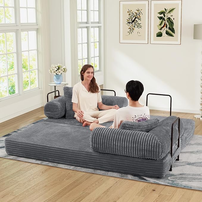 78.5W Convertible Folding Sofa Bed Corduroy Upholstered Queen Size Foam Floor Couch with Fixed-Shaped Frame Loveseat Sleeper Compression Sofa Foldable Mattress for Living Room Bedroom(Light Grey)