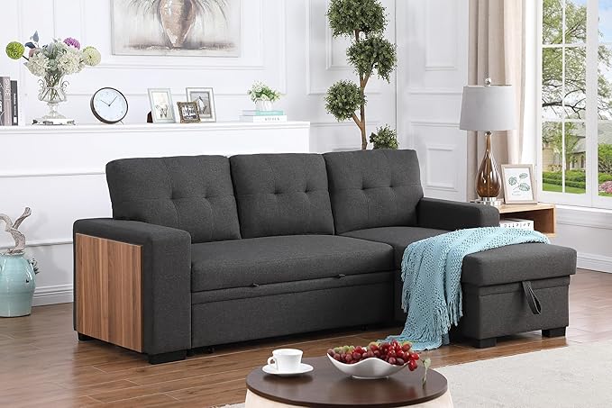 Ball &amp Cast L-Shape Reversible Sectional Sleeper Sofa Bed 4 in 1 Pull Out Couch with Storage Chaise USB Ports &amp Cup Holder Convertible Sleeper Corner Couch Pull-Out Sofa Bed for Living Room Of