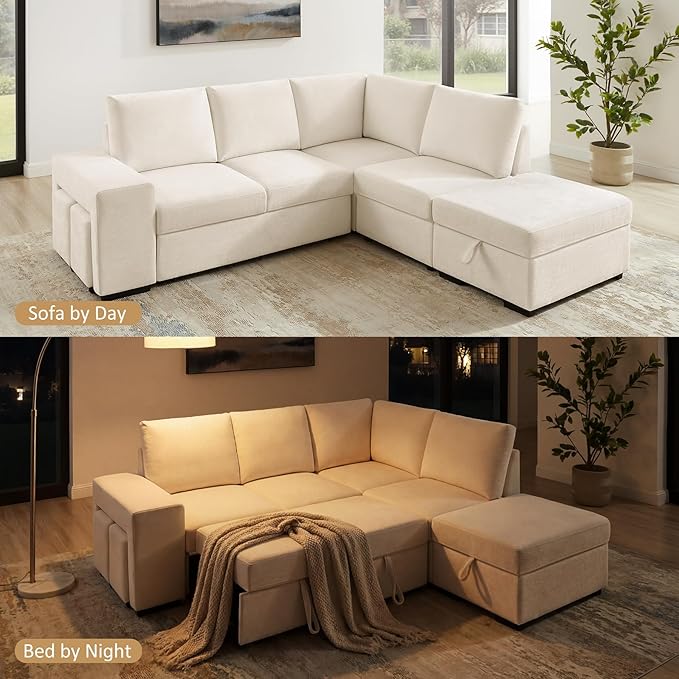 VANOMi 94 Sectional Sleeper Sofa with Pull Out Couch Comfy 6 Seater L Shaped Modular Sofa with Storage Ottoman Modern Convertible Chenille Cloud Couches for Living Room Apartment Beige