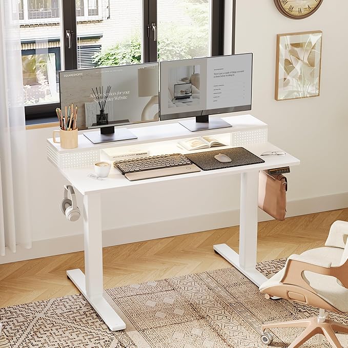 Claiks Electric Standing Desk with Shelf 55 Inch Height Adjustable Standing Desk with LED Lights &amp Monitor Stand White Frame/White Top