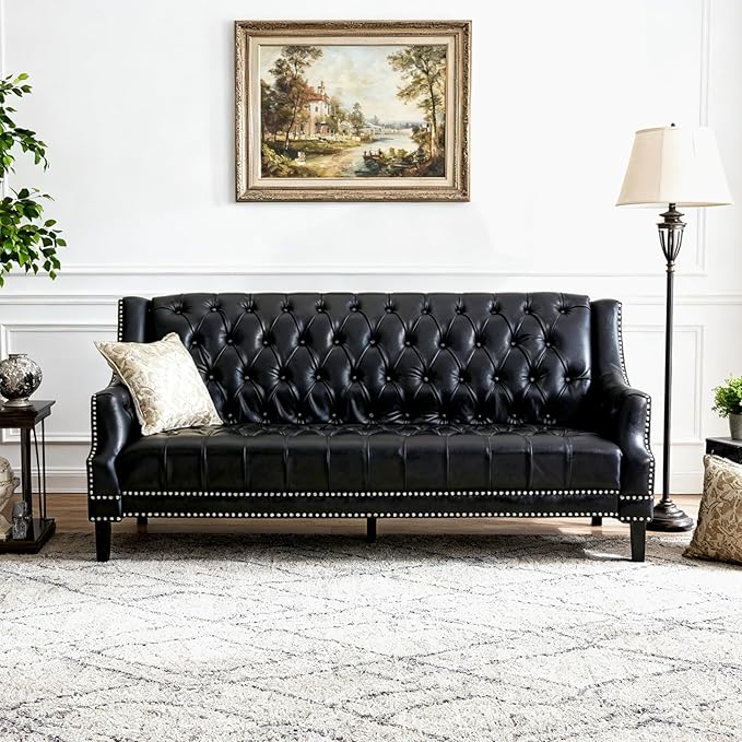 chairus Mid-Century Modern 74.5 Faux Leather Sofa Tufted Upholstered 3 Seater Couch with High Back &amp Nailhead Trim Chesterfield Sofa for Living Room Bedroom Apartment Office Black PU