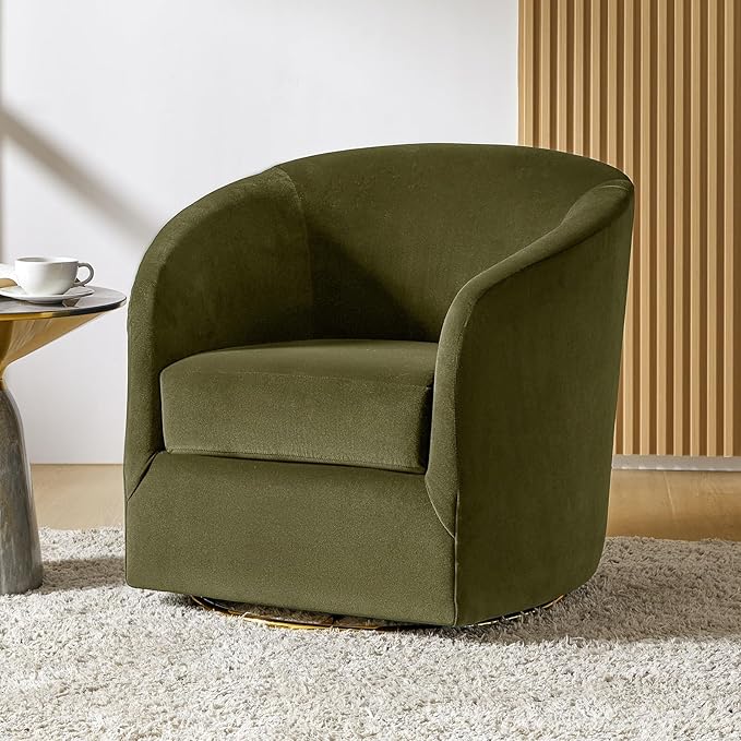 HULALA HOME Swivel Accent Chair with Gold Metal Base Contemporary Velvet Curved Swivel Barrel Chair Upholstered Club Armchair Leisure Single Sofa for Living Room Nursery Bedroom(Moss)